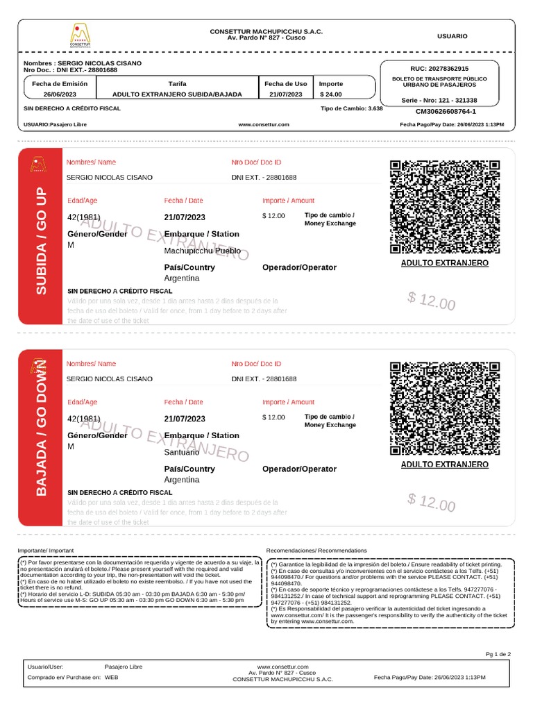 Round-trip bus ticket