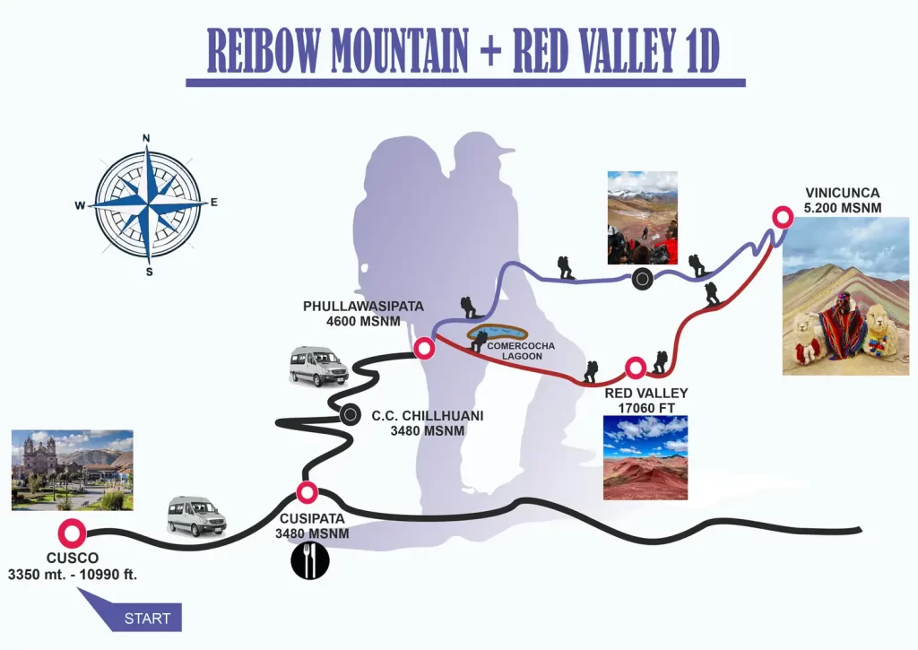 Map of Rainbow Mountain + Red Valley-1 Day
